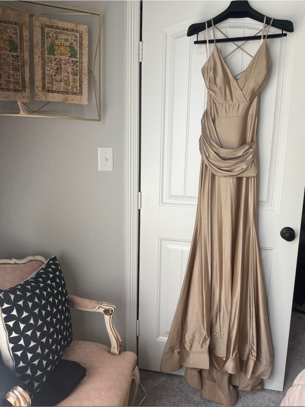 Beige Satin V-Neck Crisscross Strap Prom Gown